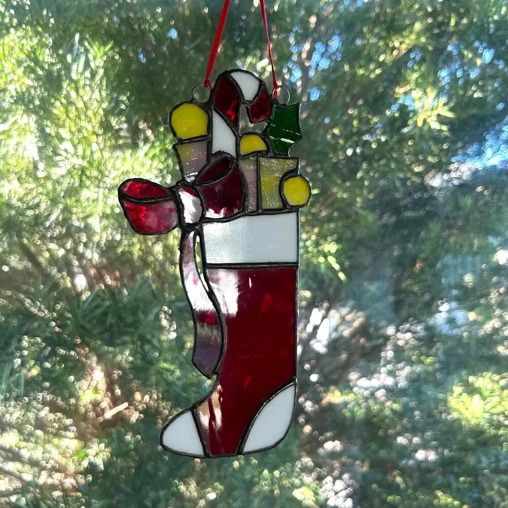Vintage Stained Glass Christmas Stocking – 9” Iridescent Holiday Suncatcher